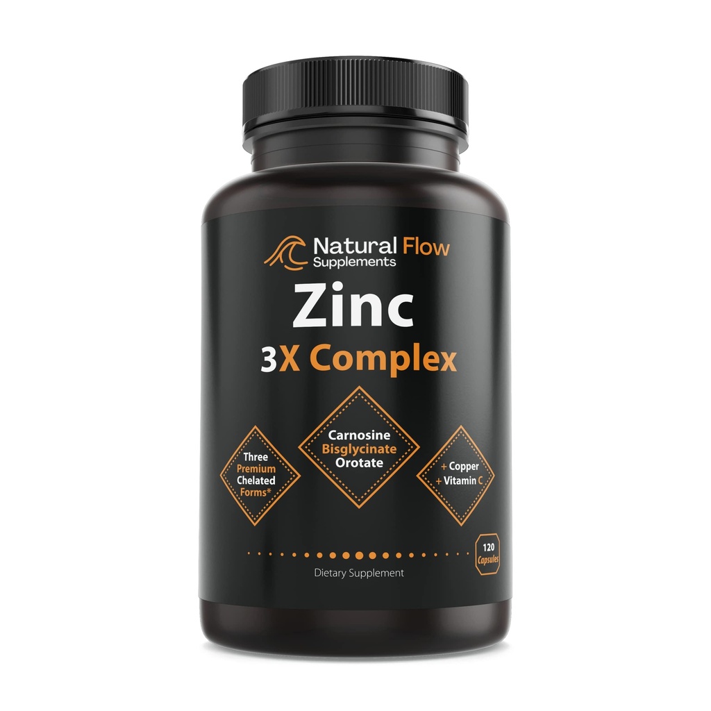 Cinkov dodatek Kompleks z bakrom in vitaminom C - naravni pretok 3X Cinkov karnozin, biglicinat kelat, in Orotat, kelirani baker, Enostavno na Stomač, kožo in imunske podpore, 120 Kapsule