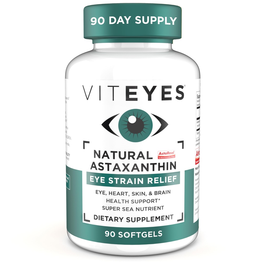 Viteyes Natural Astaksantin, Olajšajte utrujene oči in oči sev, Izvira iz alge, Kožna Hidracija, Heart & Brain Health, 4 do 8 mg Naravni astaksantin, 90 Mehkužci