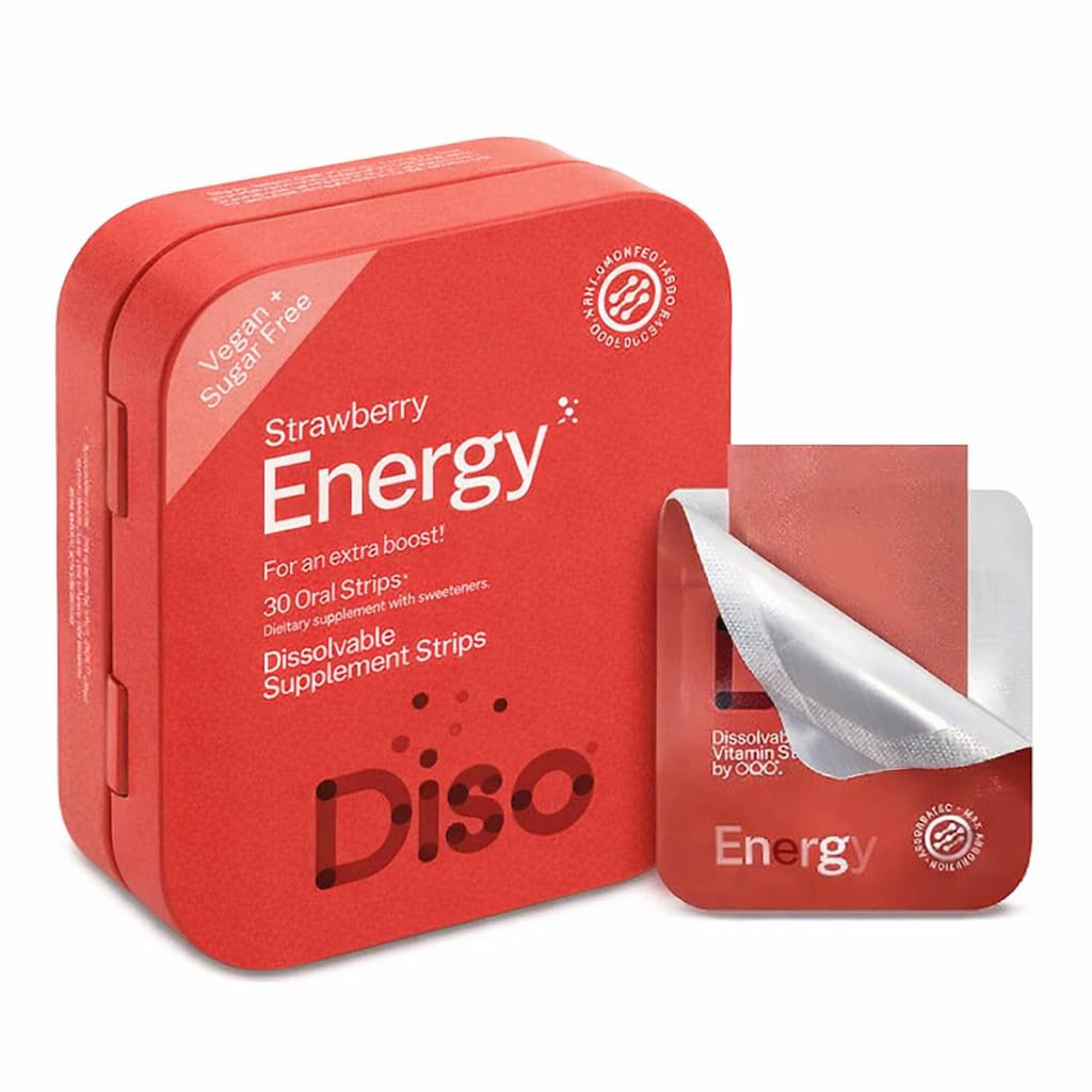 DISO - Energija - hitro raztapljanje kofein stripi z vitamini, jagodni okus, Vegan, brez sladkorja, visoka absorpcija, Gluten brez, posamično zaviti, 30 Razrešljivi trakovi
