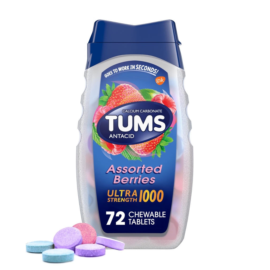 TUMS Ultra moč Žvečljive antacidne tablete za zgago Relief in kisle prebavne motnje, Razvrščene jagode - 72 Število