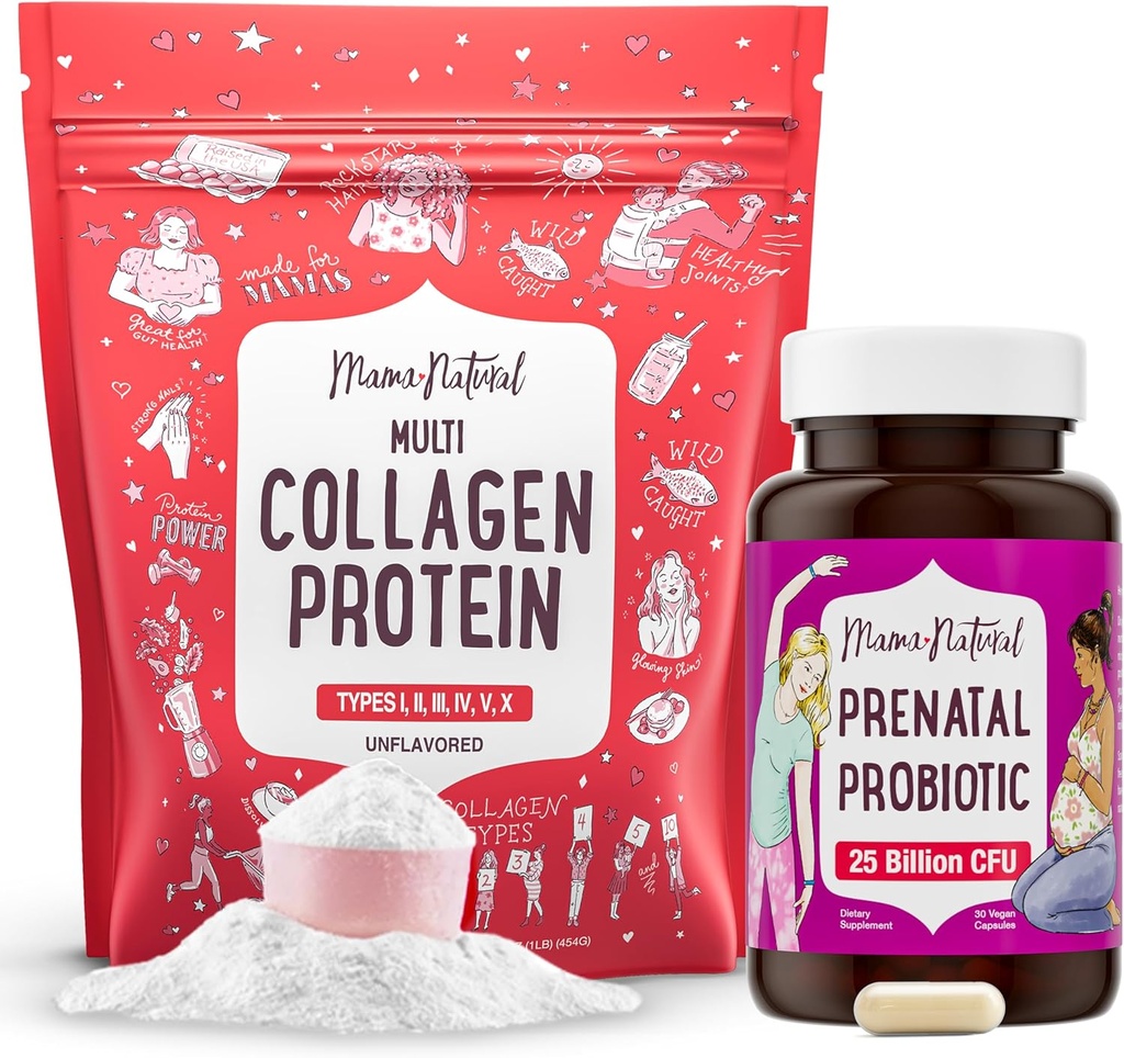 Mama Natural Prenatal Probiotic & Multi Collagen Protein Bundle - 25 milijard CFU & 11g hidrolizirani kolagenski peptidi za nosečnost, lase, kožo, nohte in prebavne zdravstvene podpore