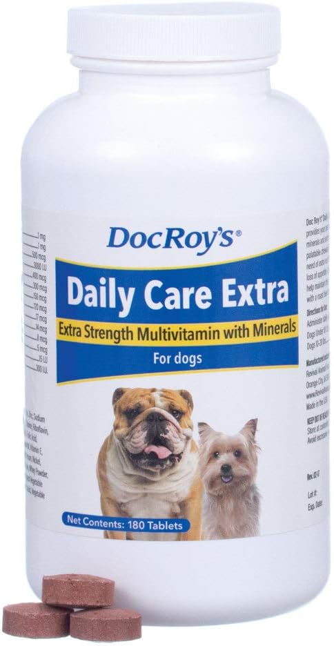 Doc Roy's Daily Care Extra, Advanced Multivitamin za pse, Podpira energijo, imunske, mišice, zdravje kosti in možganov, zagotavlja vitamine A C D3 E B kompleks, železov cink magnezijev jod, Made in USA 180 ct
