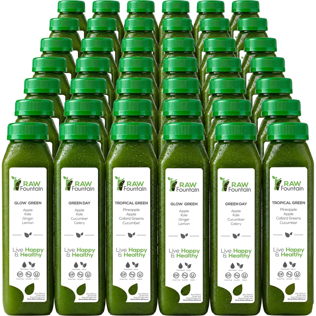 7 Day Green Juice čiščenje s surovo vodo, vse naravne surovine, veganski detox, hladno stiskani sok, 42 steklenice 12oz, 3 ingver posnetkov