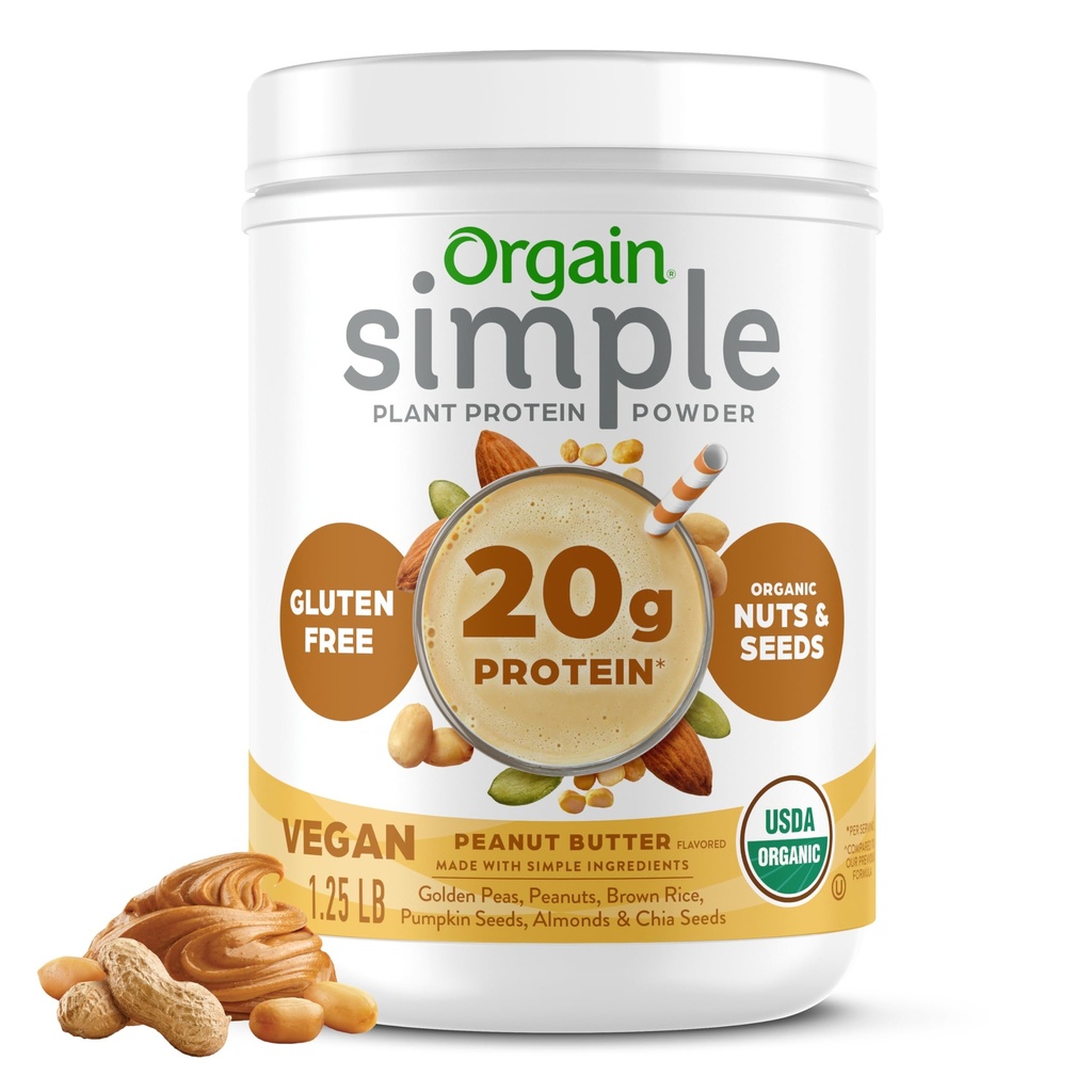 Orgain Organic Simple Vegan Protein Powder, Peanut Butter - 20g Rastlinske beljakovine, Z manj sestavin, Brez umetnih sladil, Gluten, Brez mleka ali laktoze, 1,25 lb (Packating May Vary)