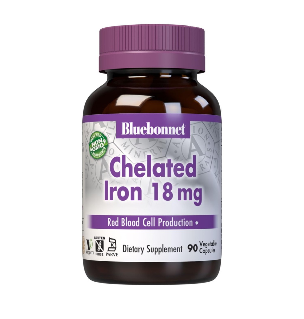 Bluebonnet Nutrition Chellian Iron 18 mg - nezaščiteno železo - brez soje, brez glutena, brez glutena, brez GMO, Kosher Certified, Dairy-free, Vegan - 90 Zelenjavnih kapsul, 90 Serving