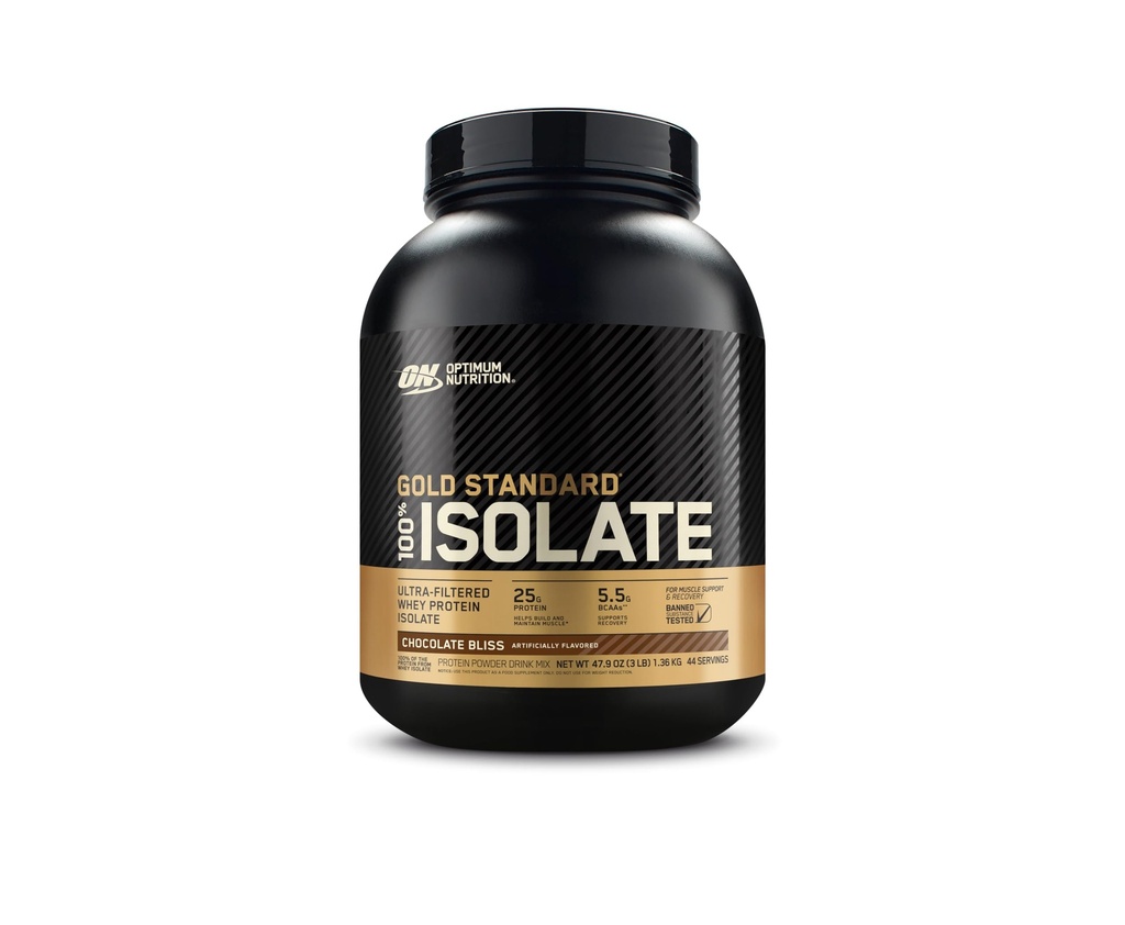 Optimum Nutrition Gold Standard 100% izolat, Beljakovinski prašek, čokolada Bliss, 3 funti, 44 strežb. Izolat sirotkinih beljakovin (maja vrečka)