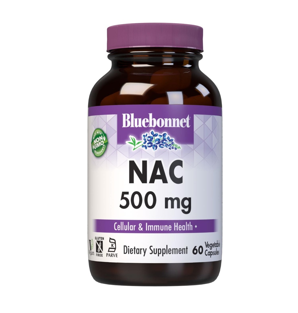 Bluebonnet NAC Supplement N-Acetyl-L-Cysteine 500 mg - Antioxidant Cellular Health & Immune Support - Free-Form Amino Acid for Women & Men - Non-GMO, Kosher, Gluten-Free - 60 Vegetable Capsules
