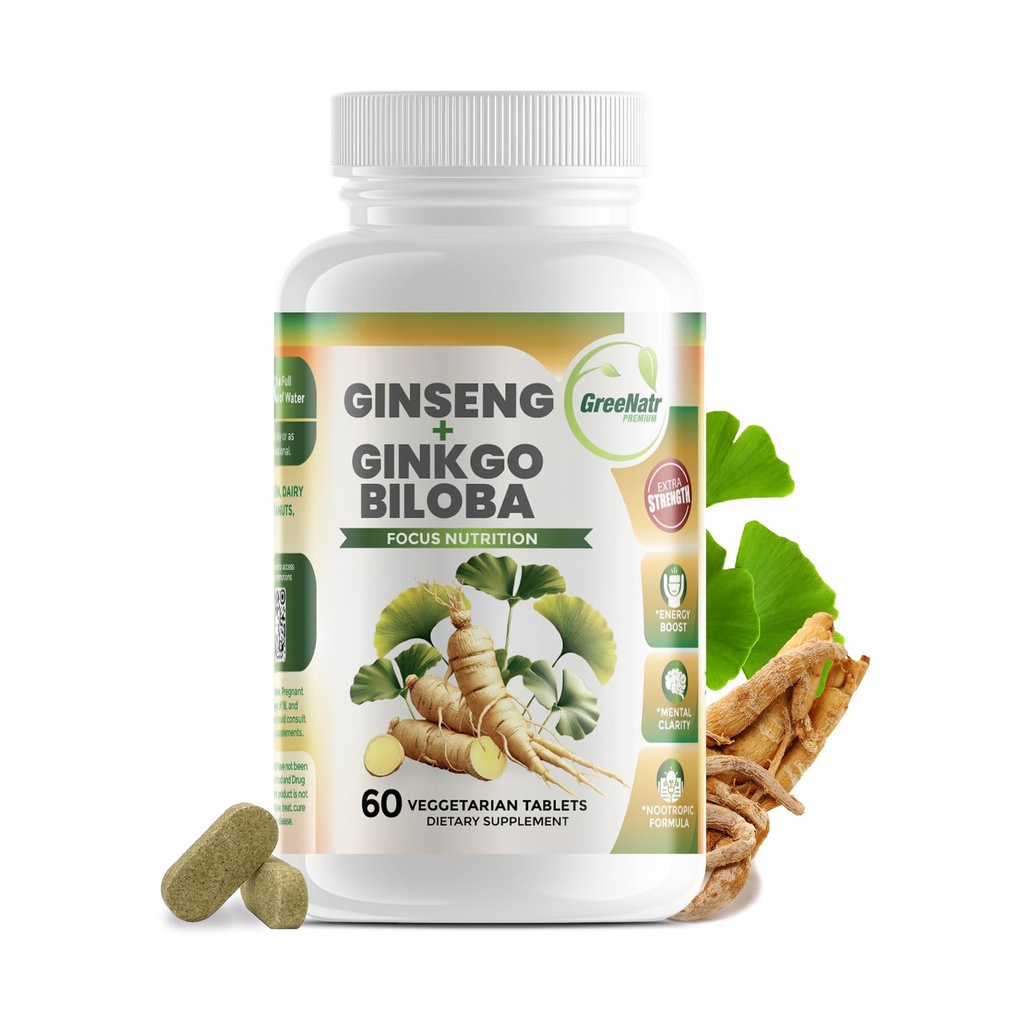 GreeNatr Ginko Biloba & Panax Ginseng dodatek - Red Ginseng Možganski dodatek za spomin in fokus - Ginkgo Biloba dopolnila za dober vid, imunski sistem in izboljšan pretok krvi - 60 tablet