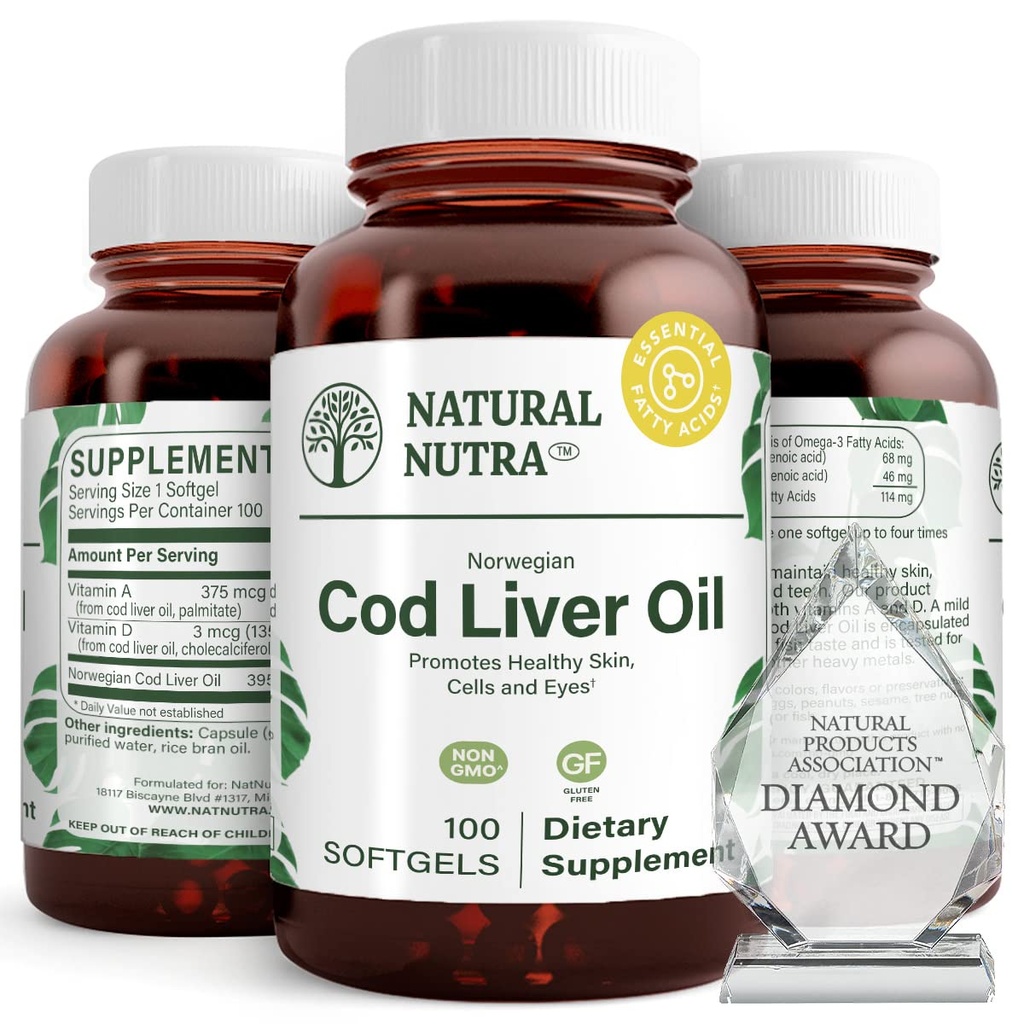 Natural Nutra Norvegian Cod Jetra Oil dopolnilo, Pomaga ohraniti kožo, pomaga ohraniti gostoto telesa, zdravje oči in živcev funkcijo, Spodbuja zdravje zob, Podpira kardiovaskularno zdravje, 100 Softgels
