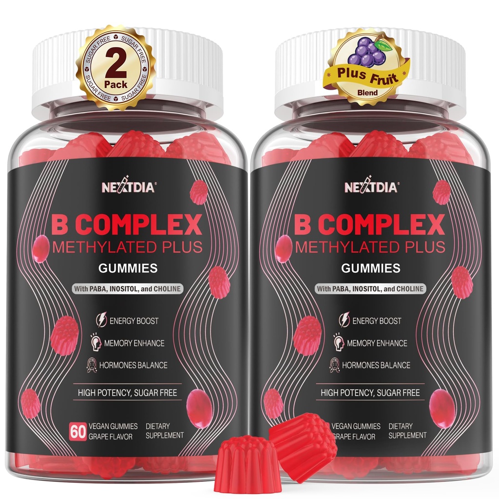 Podpora možgani in razpoloženja Gumies, Super Vitamin B kompleks za moške in ženske, Vse B Vitamin B1 B2 B3 B5 B6 B7 Folate MethyB12 s PABA, Inositol, Choline, Podpira MTHFR Gene & Energy, Vegan, 120Ct