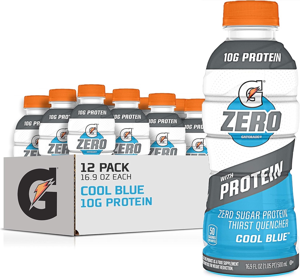 Gatorade Zero s proteini, 10g izolat sirotkinih beljakovin, nič sladkorja, vegetarijanski, tekoči elektroliti, Cool Blue, 16,9 Fl Oz steklenica, 12 pakiranje