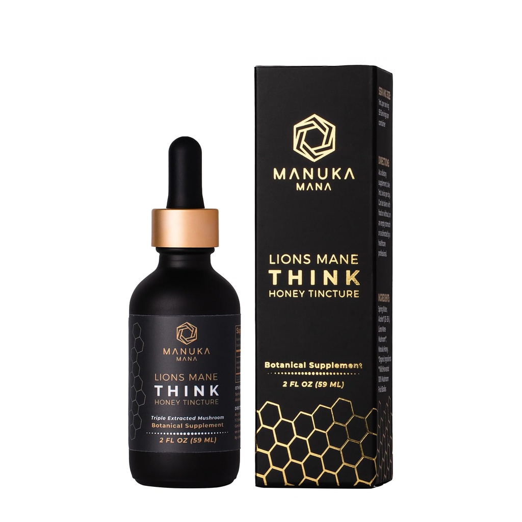Lions Mane Think Honey Tinkture ZDA Divja žetev Lions Mane, Trojna izvlečena tinktura, Manuka Med (MGO 150+), 100% sadno telo, 2 fl oz (60 strežnikov)