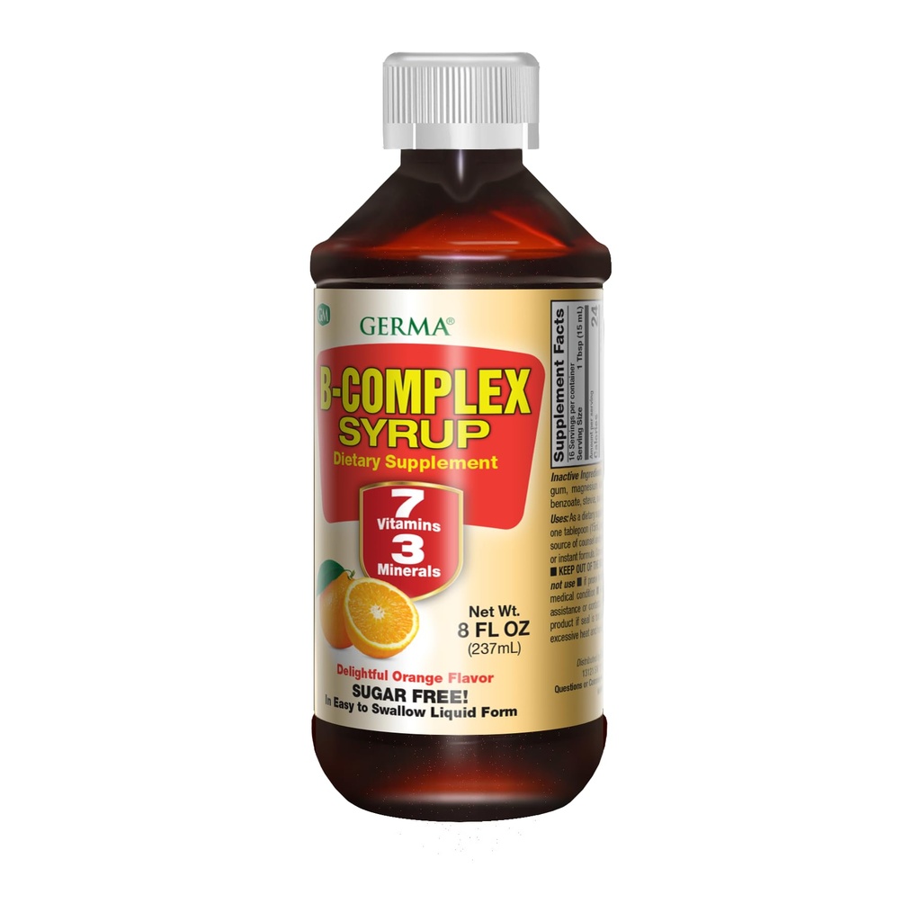 Germa B-Complex Syrup. Zdravje kosti, pomoč za rast in razvoj. Brez sladkorja. Oranžna aroma. 8 oz