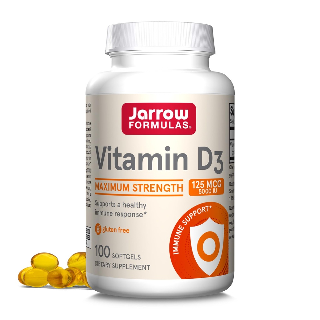 Jarrow Formulas Vitamin D3 125 μg (5000 i. e.) - 100 Servingov (softgels) - Zdravje kosti, Imunska podpora in kalcijeva presnova Podpora - Vitamin D dodatek - D3 Vitamini - 5000 i. e. Vitamin D - Gluten Free
