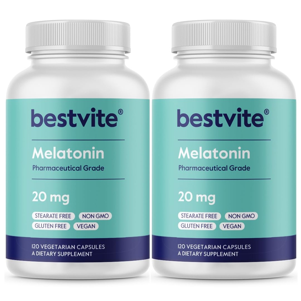 BESTVITE Melatonin 20mg (240 vegetarijanskih kapsul) (120 x 2) - brez stearat - vegan - brez GSO - brez glutena
