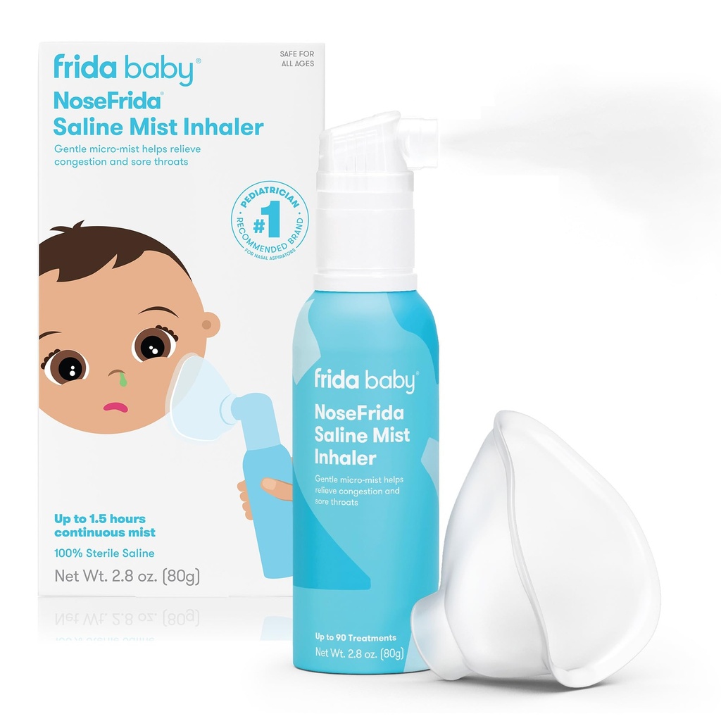 Frida Baby NoseFrida Saline Mist Nasal Inhaler, Dekongestiv Spray za prebavne motnje in alergije Relief za dojenčke + otroci, Nazal Saline Spray, Soothes zamašen nos in boleče grlo, Vključuje masko