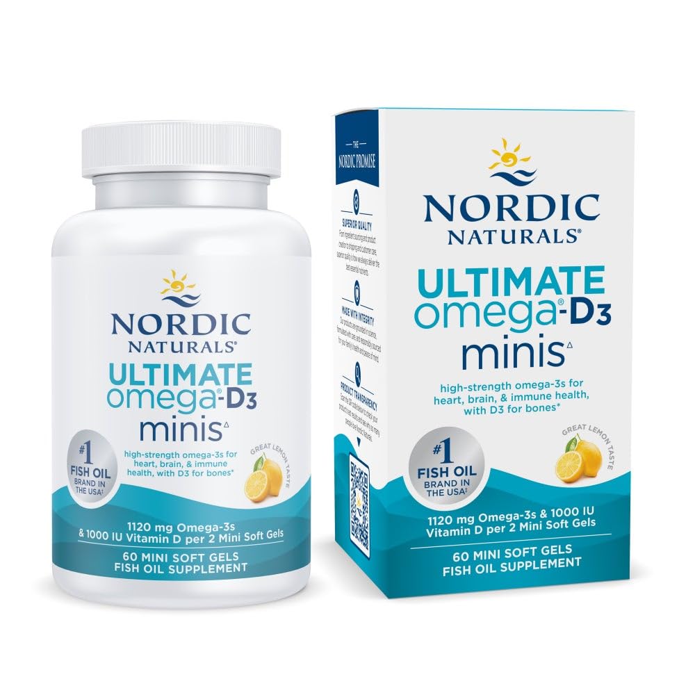 Nordic Naturals Ultimate Omega Mini D3, Lemon Flavor - 60 Mini Soft Gels - 1120 mg Omega-3 + 1000 i.e. Vitamin D3 - EPA & DHA - Spodbuja zdravje možganov in srca - 30 Servings
