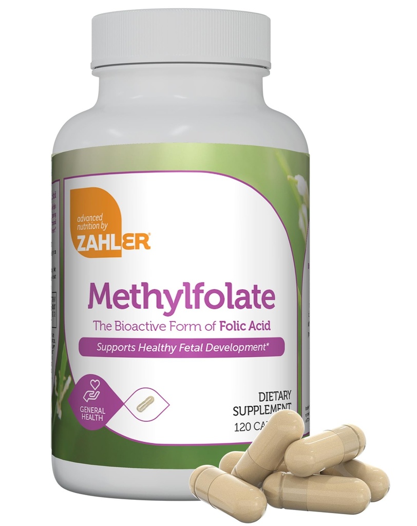 Zahler metilfolat - Podpira zdravo razvoj ploda in genetsko zdravje - metilirana folna kislina iz 1000 mcg DFE L-metilfolat - Kosher non GSO metil folat dodatek za ženske (120 kapsul)