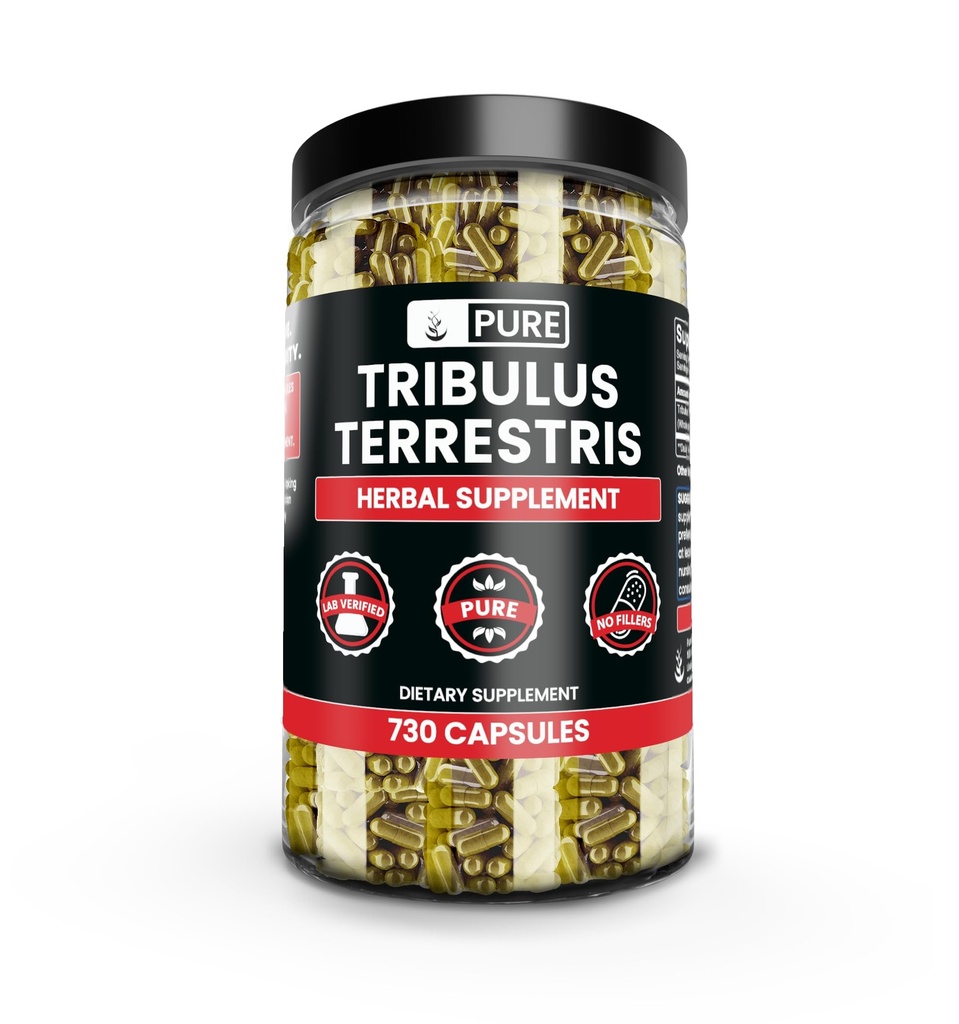 Čiste izvirne sestavine Tribulus Terrestris, brez magnezija ali riževih polnil, vedno čista, laboratorij preverjen (730 kapsul)