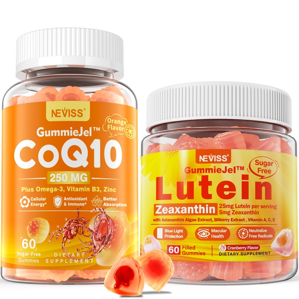 NEVISS CoQ10 brez sladkorja Gumies 60 Count + Lutein Gumies 60 Count