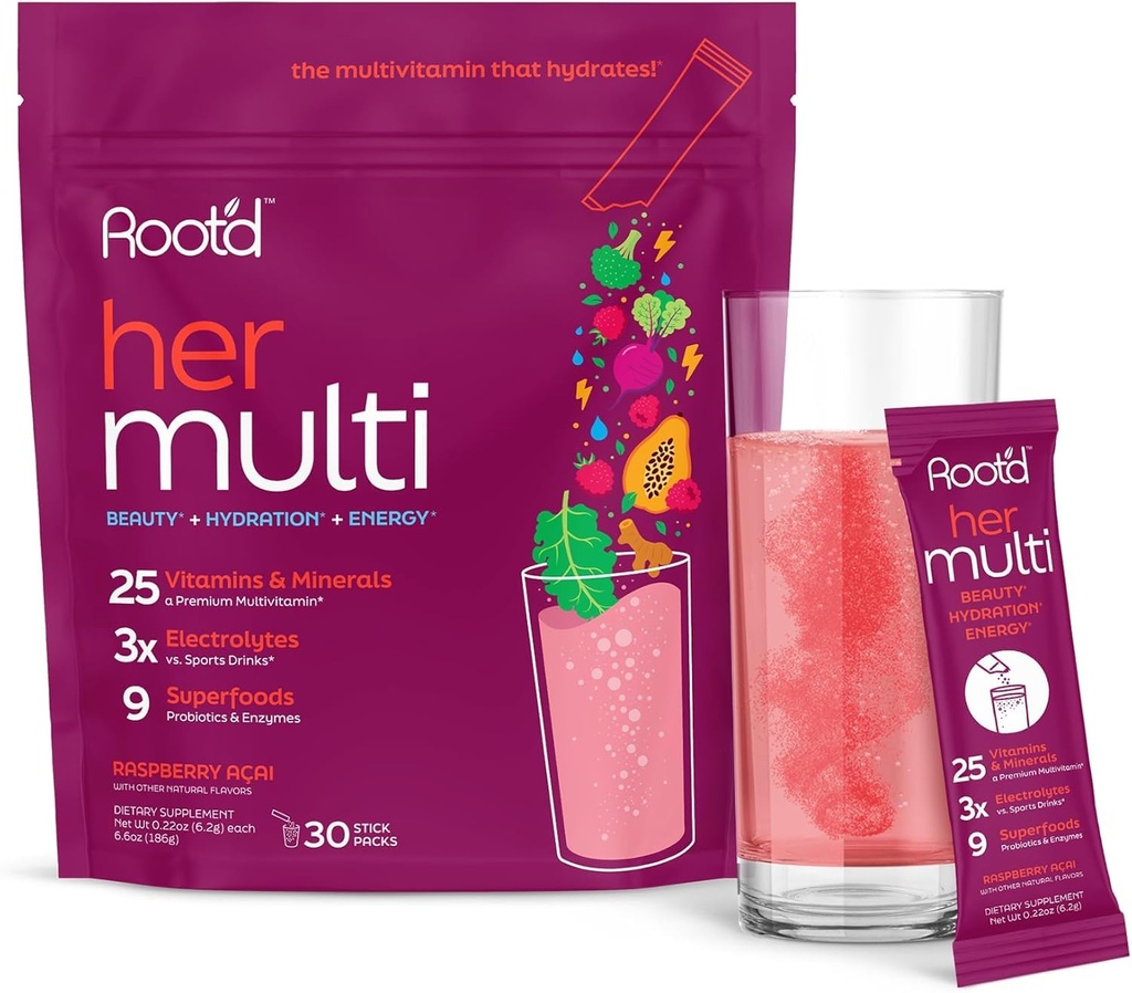 Root'd Multivitaminski prašek za ženske - 25 Vitamini in minerali s 3X elektroliti, 9 Organic Superfoods, probiotiki in encimi, Sugar-free Multivitamin & Hidracija 