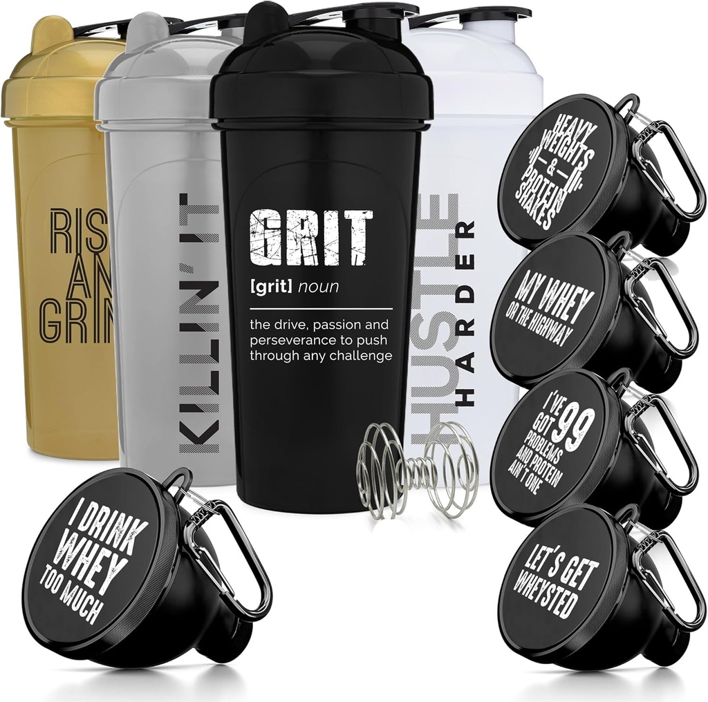 GOMOYO Fitness Bundle - 4-Pack Shaker steklenice z Agitator + 5-Pack Protein Funnels z karabinerjem, BPA-free & Dishwaster Safe