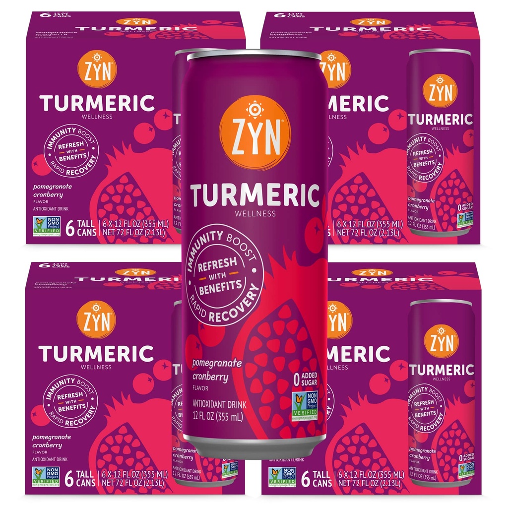 ZYN Turmeric Wellness Drink (24 Pack), Pomegranate Cranberry Okusna kurkumin pijača s črnim poprom, brez dodanega sladkorja, nizko Carb & nizko kalorično pijačo, čista alternativa
