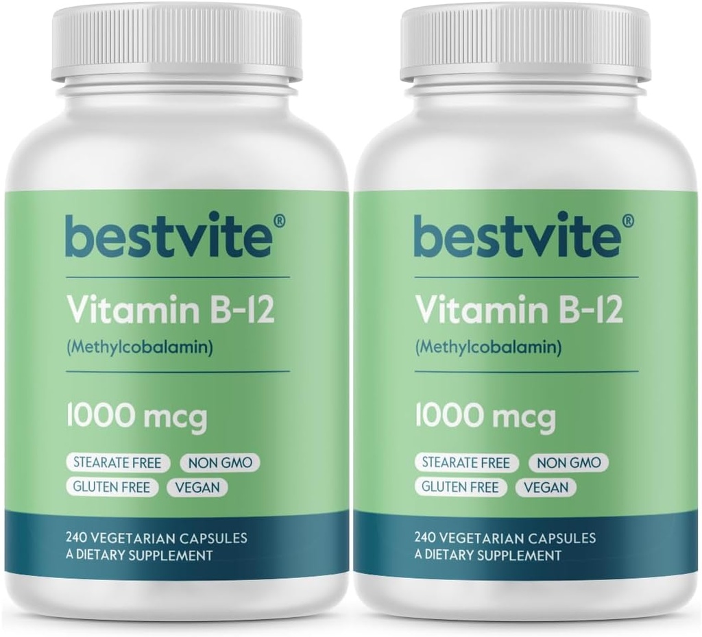 BESTVITE Vitamin B12 (metilkobalamin) 1000mcg (480 vegetarijanskih kapsul)(2 x 240) (metil B12) - brez stearat - vegan - brez GSO - brez glutena