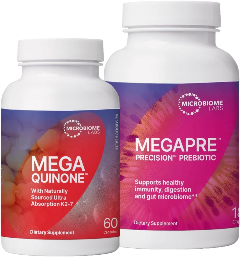 Microbiome Labs MegaPre Prebiotic za podporo Prebava in Gut Barrier (180 Kapsule) + MegaQuinone K2-7 Popoln vitamin K dodatek z magnezijem, cink (60 kapsul) - 2 Izdelek paket