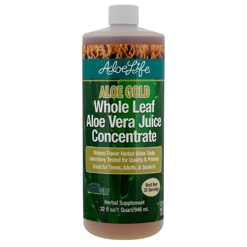 Aloe Life - Cel Leaf Aloe Vera Juice, Certified Organic, Gluten-free (Aloe Gold, 32 oz)