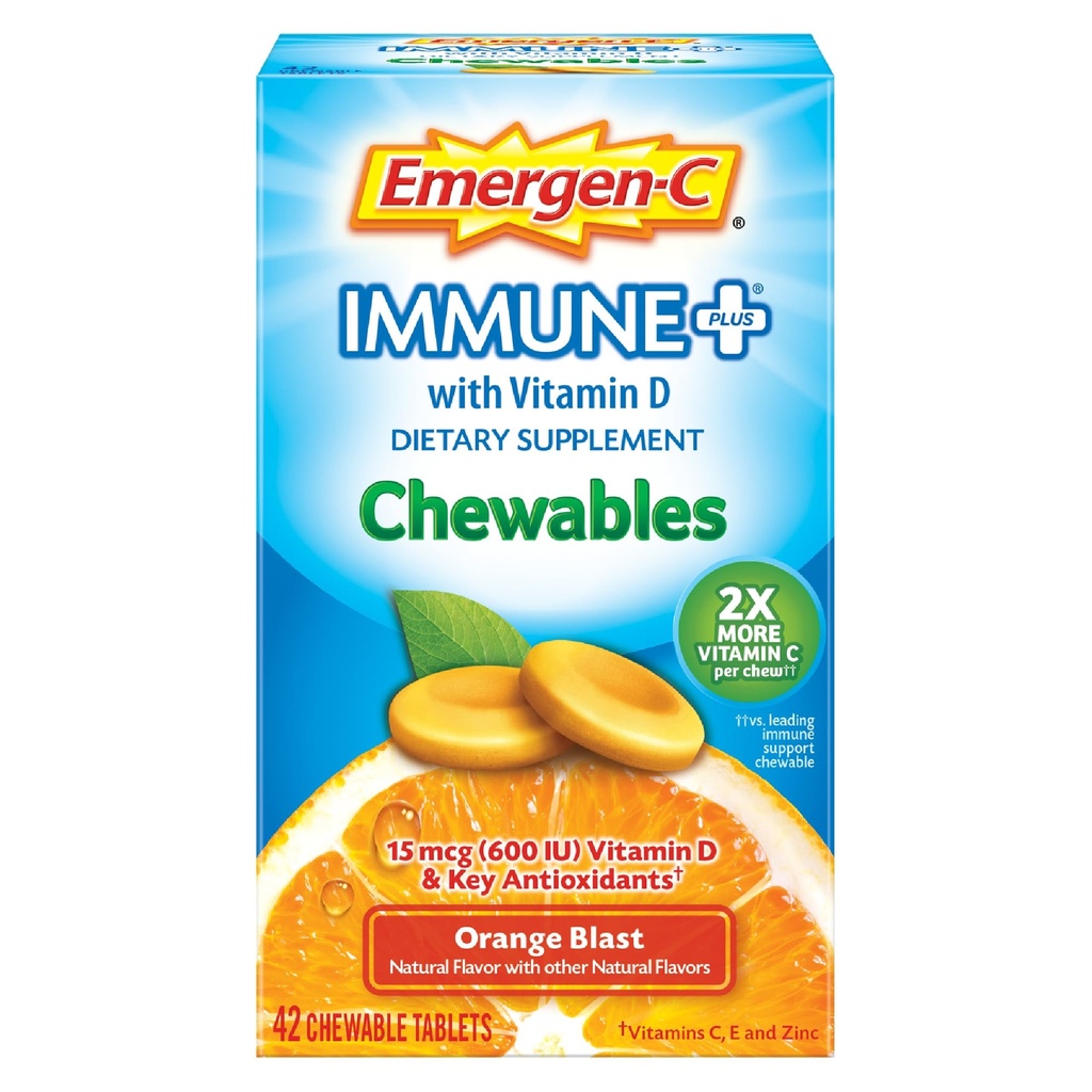 Emergen-C Imune+ Žvečilni materiali 1000mg Vitamin C z vitaminom D Tableta, Imunska podpora Prehranska dopolnila za imuniteto, Orange Blast Flavor, Nazaj v šolo Essentials - 42 Count