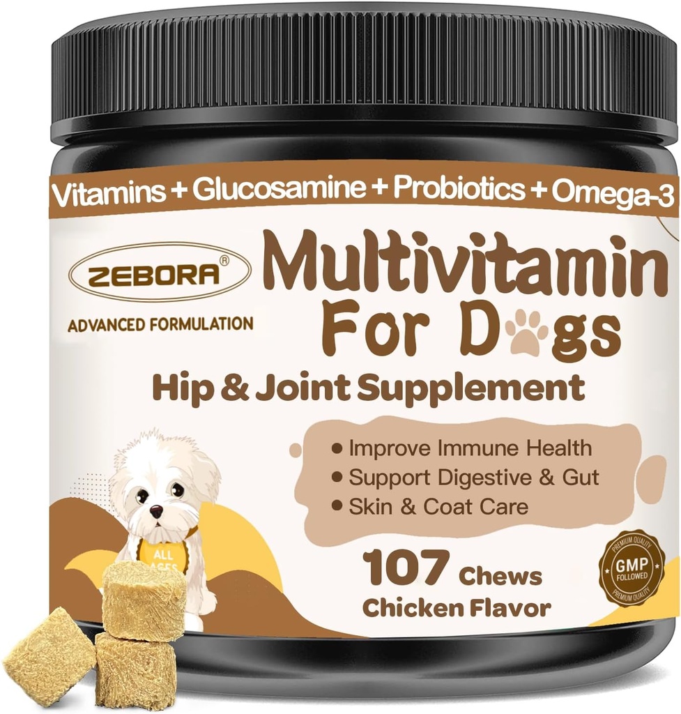 Dog Multivitamin z minerali za splošno zdravje - Dog Vitamini in dodatki z glukozaminom, probiotiki za kužka in starejše pse z minerali - Omega 3 ribje olje za kožo in plašč - 107 žvečil