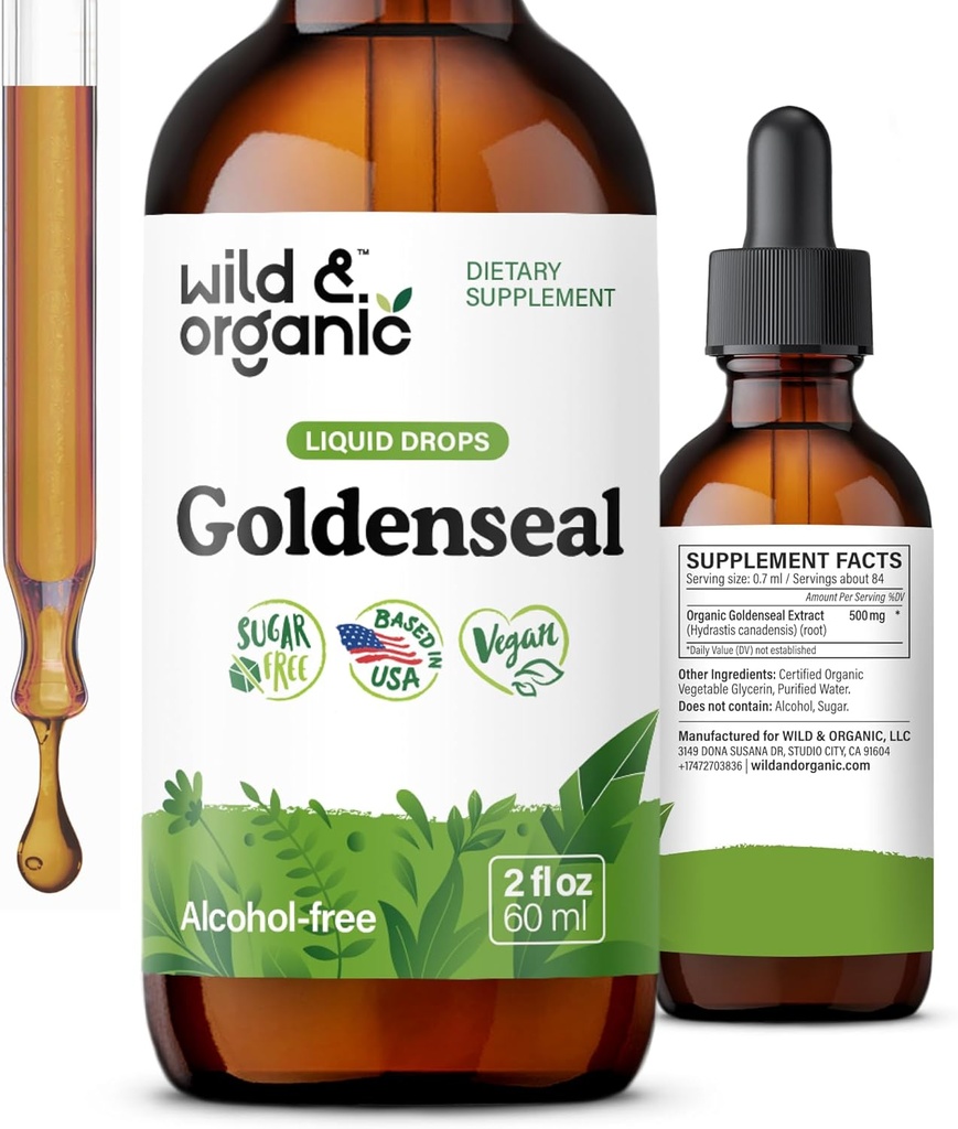 Wild & Organic Goldenseal Root Tinkture - Pljučni čiščenje, Imunska & Prebavna podpora - Tekoči Goldenseal dodatek - Vegan, Sugar & Alkohol-free Herb kapljice - 2 fl oz