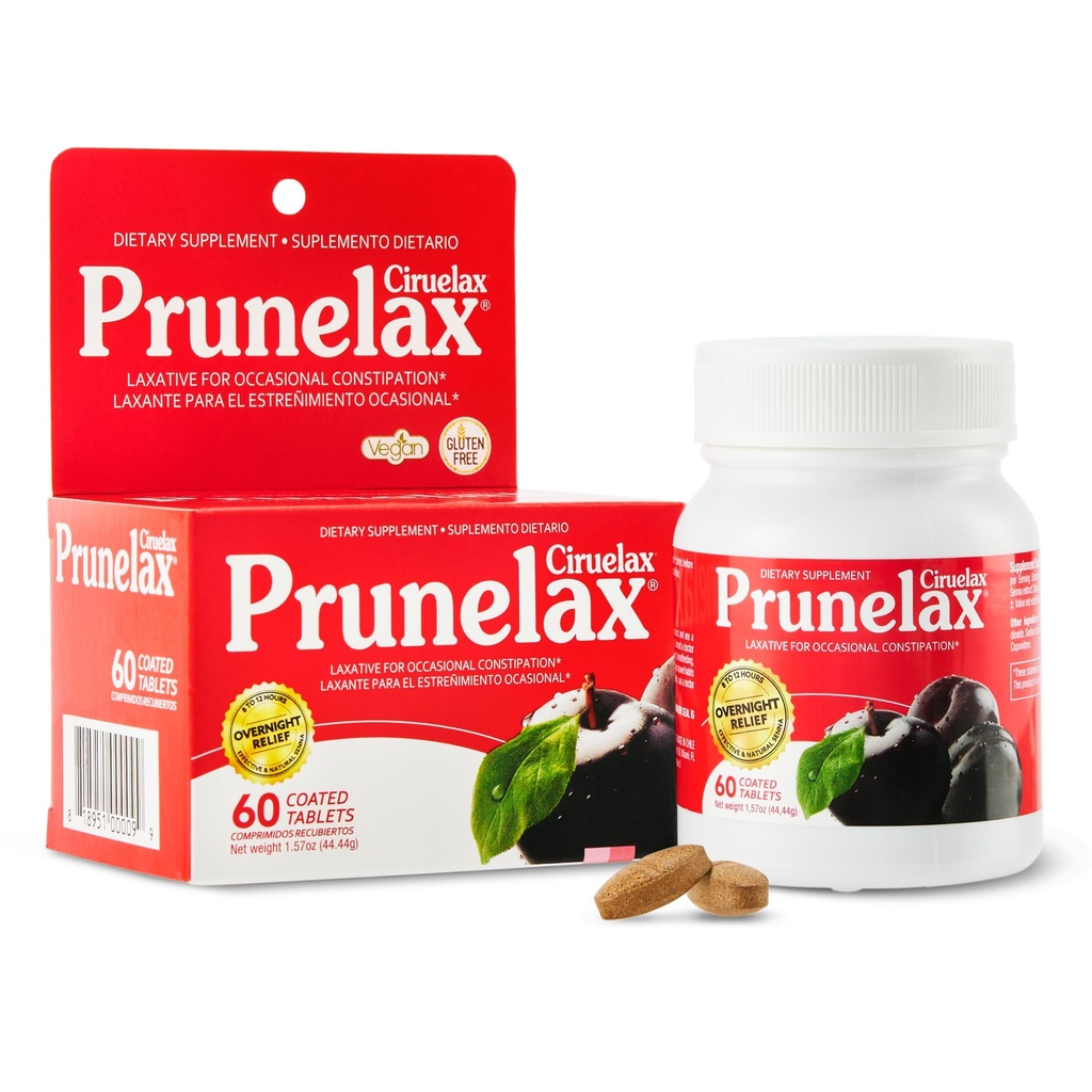 Prunelax Ciruelax Redna moč Laksativne tablete - čez noč Relief za občasno zaprtje, Senna Extract, Vegan & Gluten-free, hitro ukrepanje Nežna olajšava - 60ct