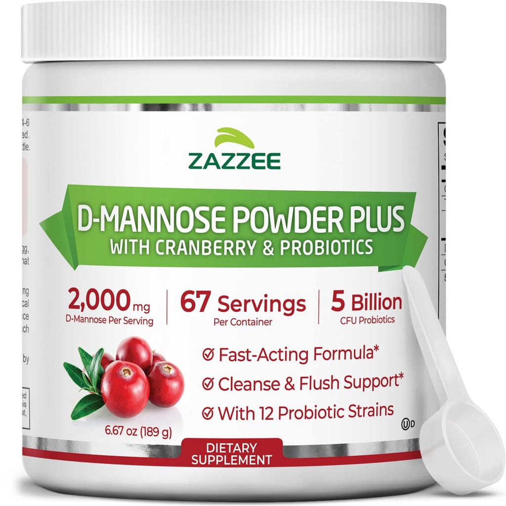 Zazzee D-mannose Powder Plus, 2000 mg, 67 Serving, Potent & Fast-Acting, Plus 5 milijard CFU probiotiki in Pure Cranberry Juice Extract, Kosher, Free Scoop, 6.5 Oz, Gluten-free, Non-GMO vse naravno