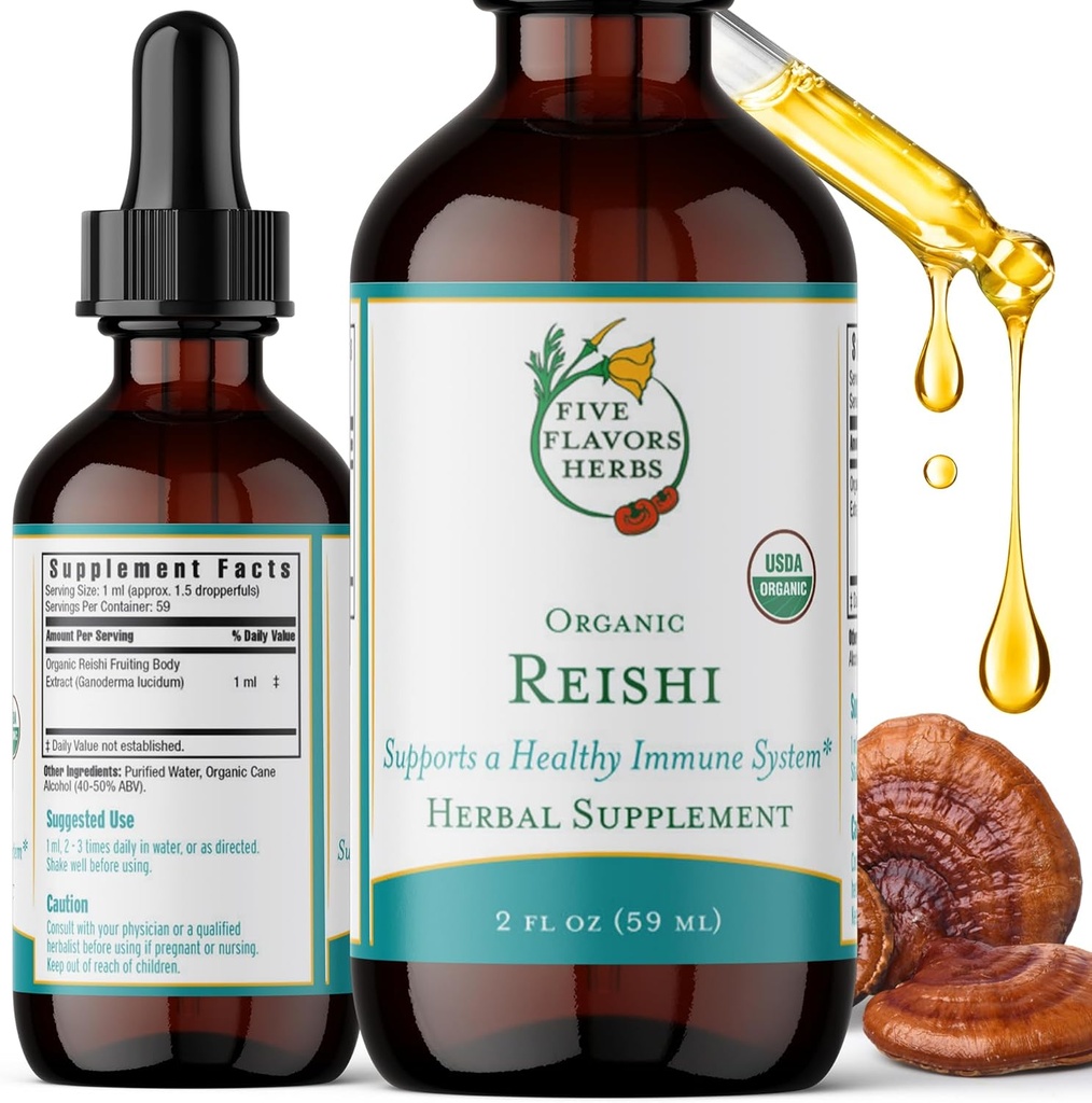 Reishi Tinktura - Podpora živčnega in imunskega sistema, dihalni sistem, kardiovaskularno in presnovno zdravje, fokus & miren um, zeliščni dodatek - 2 Fl Oz