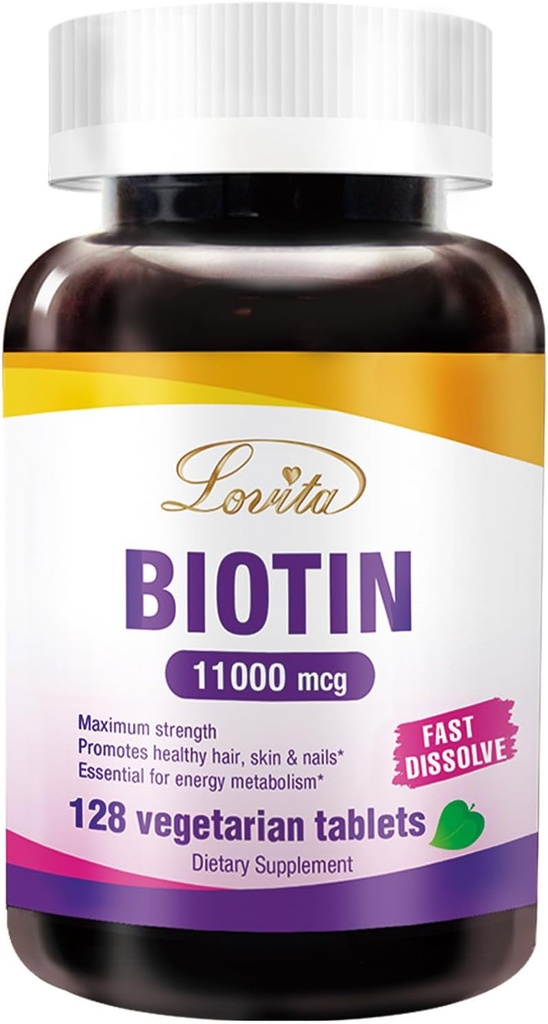 LOVITA Največja jakost 11.000mcg Biotin: hitro raztapljanje, vegetarijanske tablete - enostavno Absorbirane, Gluten & Dairy-free, 128 Vegansko-prijateljske tablete