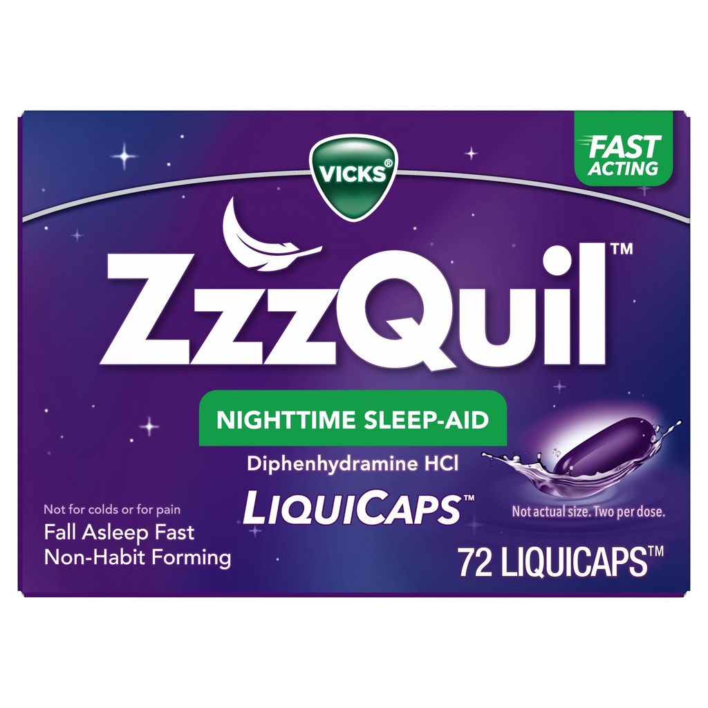 ZzzQuil LiquiCap Pomoč v spanju, difenhidramin 25mg HCl, Pomoč v spanju za odrasle, Pomoč v spanju ponoči, 72 LiquiCaps