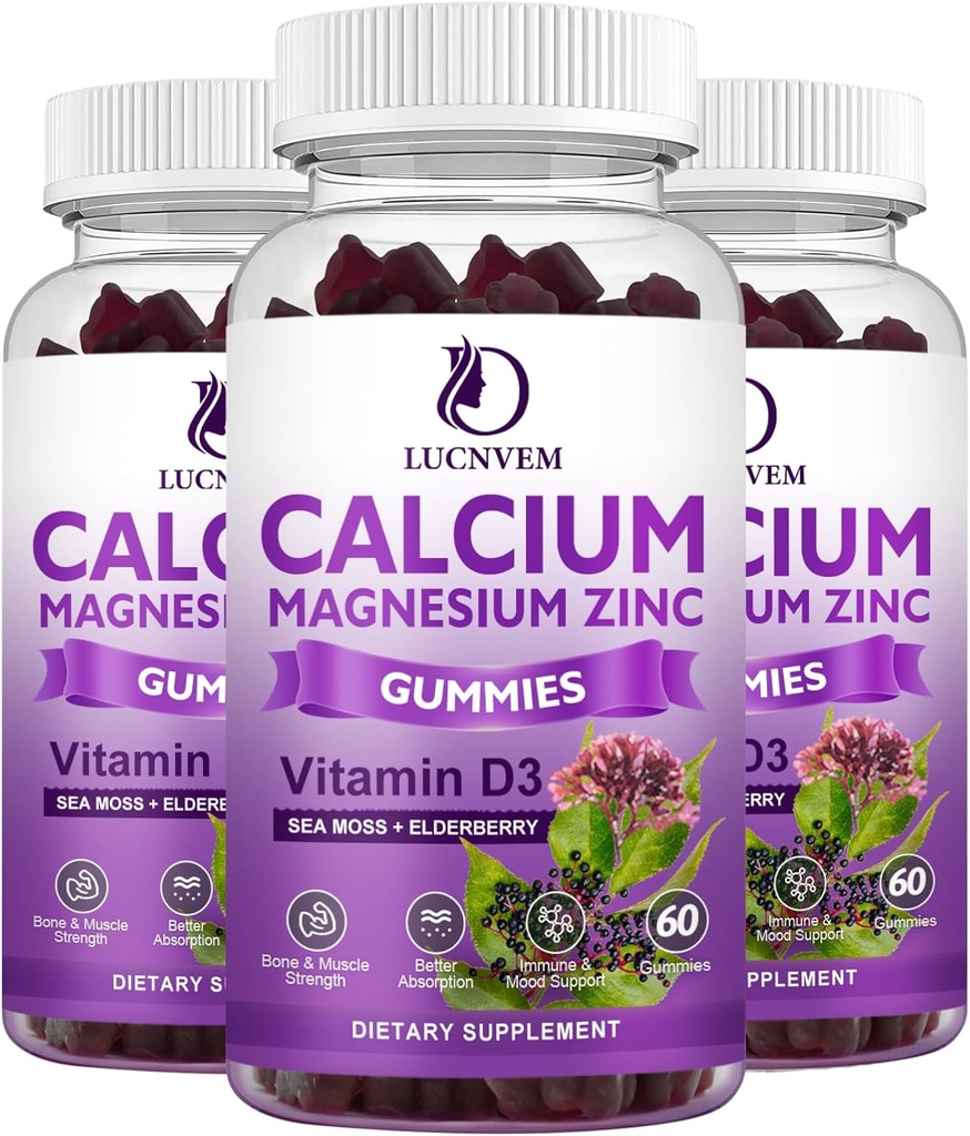 Kalcij Magnezij cink Gumies vitn Elderberry and Sea Moss, kalcij Magnezij 2:1, Vsebuje magnezijev glicinat, vitamin D3, za kosti, mišice, mirno Mood & Podpora za spanje, 60 Gumies( 3 pakiranja)