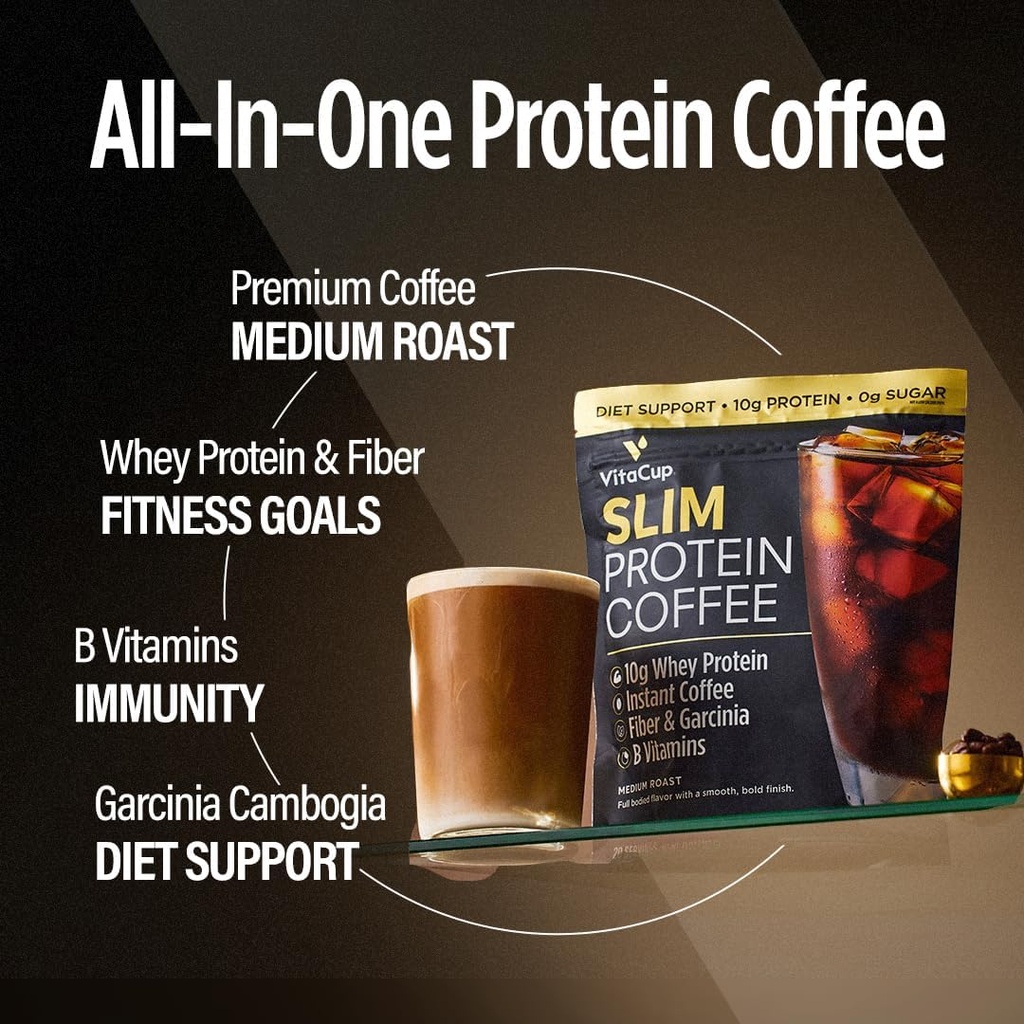 VitaCup Slim Protein Coffee Shake for Diet Support, Instant Coffee w/Whey Protein Powder, B Vitamini & Fiber, Dietician Razviti za zmogljivost in okus, Make as Iced Coffee or Shake, 20 Servinges