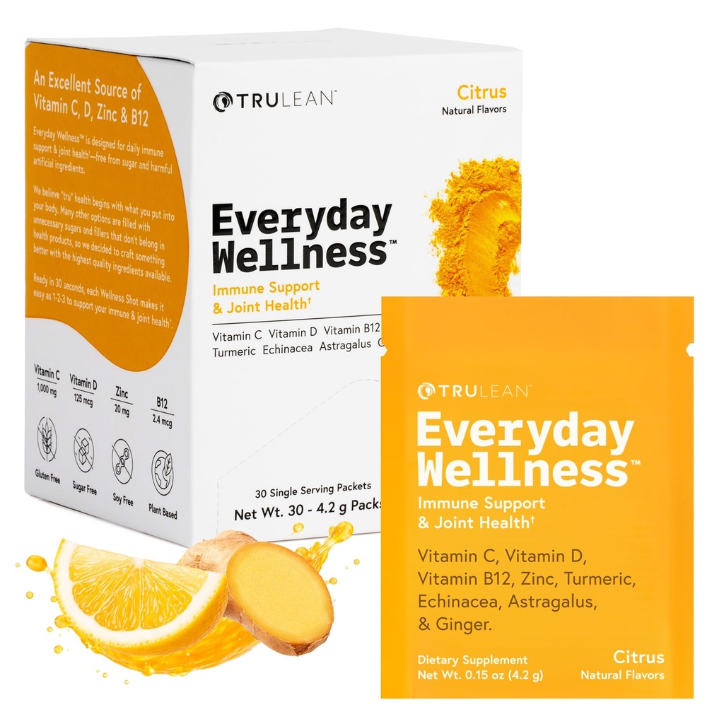 TRULEAN vsak dan Wellness Shot v prahu - Kurkuma, ingver, vitamin C, imuniteta in imunski dodatek - Brez umetnih sestavin, Brez sladkorja in glutena - 30 Packets Citrus Flavor