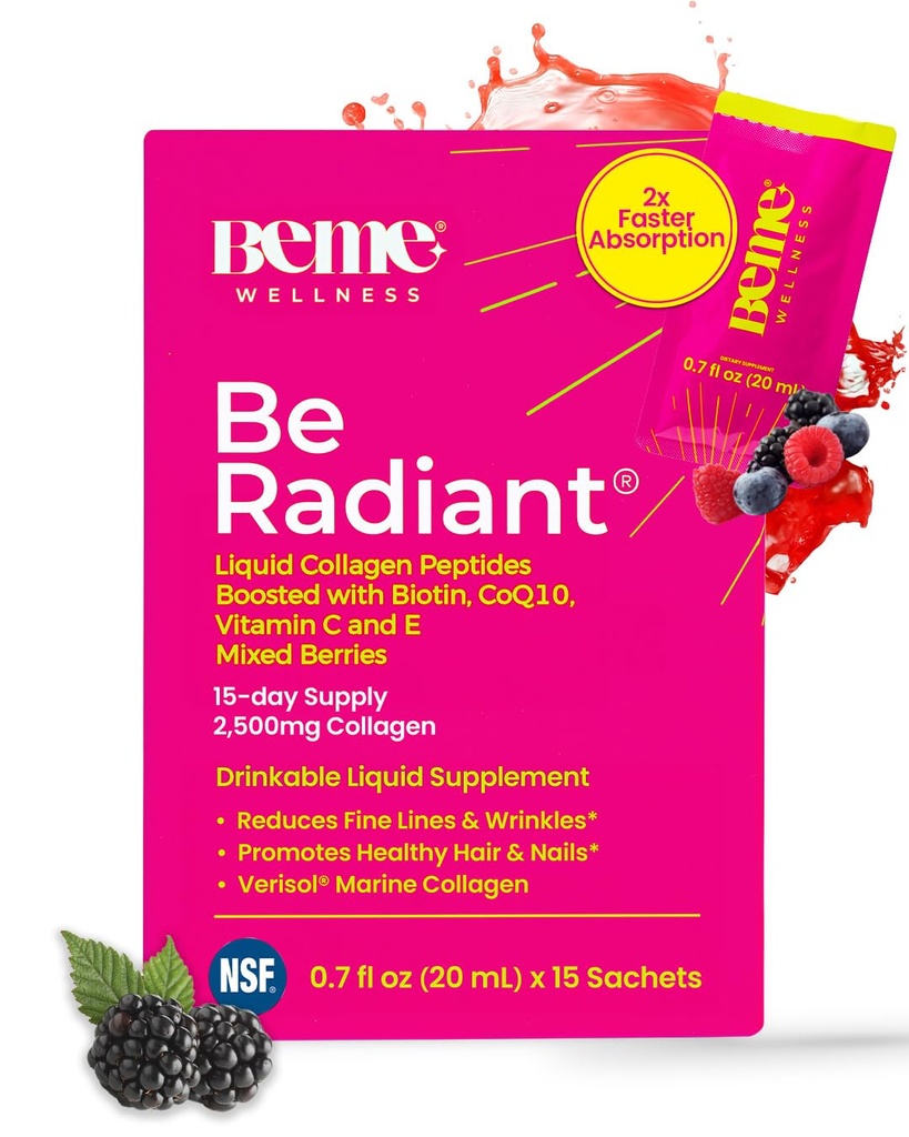 BeMe Beradiant Tekoči kolagen Peptide za lase, kožo in nohte z 2X hitrejšo absorpcijo – Klinično testirana – 2500mg Verisol hidroliziran kolagen dopolnila za ženske z Biotin, CoQ10 in vitamin C