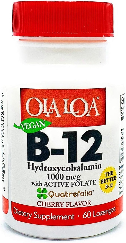 Ola Loa Vitamin B12 Podjezična češnjev dietni dodatek - hidroksikobalamin, aktivni folat, veganska formula - Spodbujanje energije telesa, živcev in podporo možganov - 60 tablet