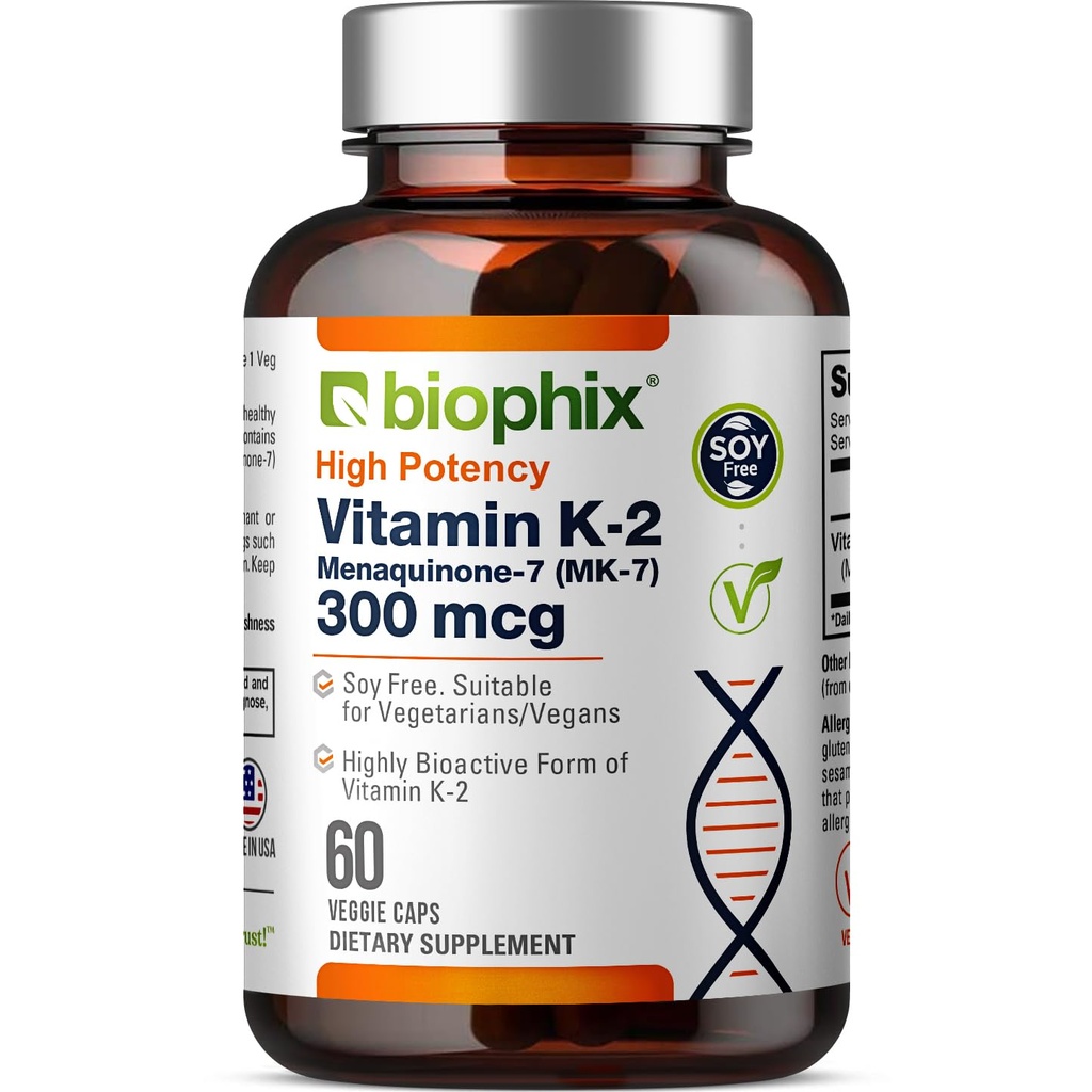 biophix vitamin K2 MK-7 300mcg, 60 veganskih kapsul – visokopotezni dodatek za moč kosti in imuno zdravje