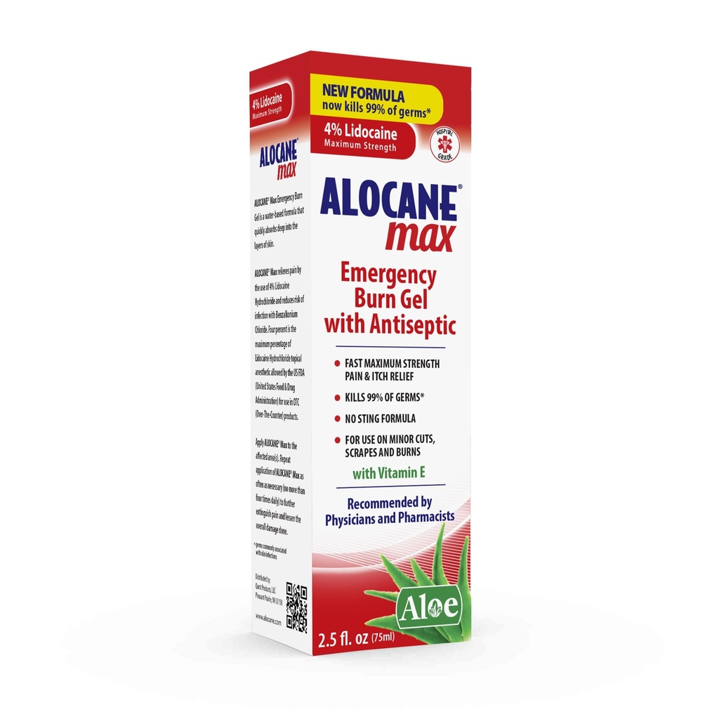 Alocane Max Emergency Burn Gel, 4% Lidokain Hidroklorid, Antiseptik Ubija 99% Germs, Največja moč bolečine in srbečica Relief, za sončne opekline, Prva pomoč Burn Gel z Aloe Vera– 2,5 fl oz