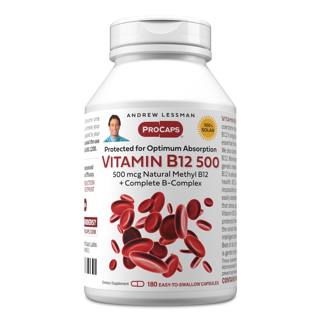 ANDREW LESSMAN Vitamin B12 500 180 Kapsule - Absorpcijsko zaščiten metilkobalamin (naravni koencim vitamin B12), bistvenega pomena za podporo energiji in stresu, Plus B-kompleks, Kapsule, enostavne za pogoltnitev