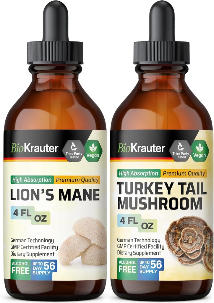 BIO KRAUTER Lion's Mane Tinkture 4 Fl. Oz. & Turkey Tail Gobe Tinkture 4 Fl. Oz.