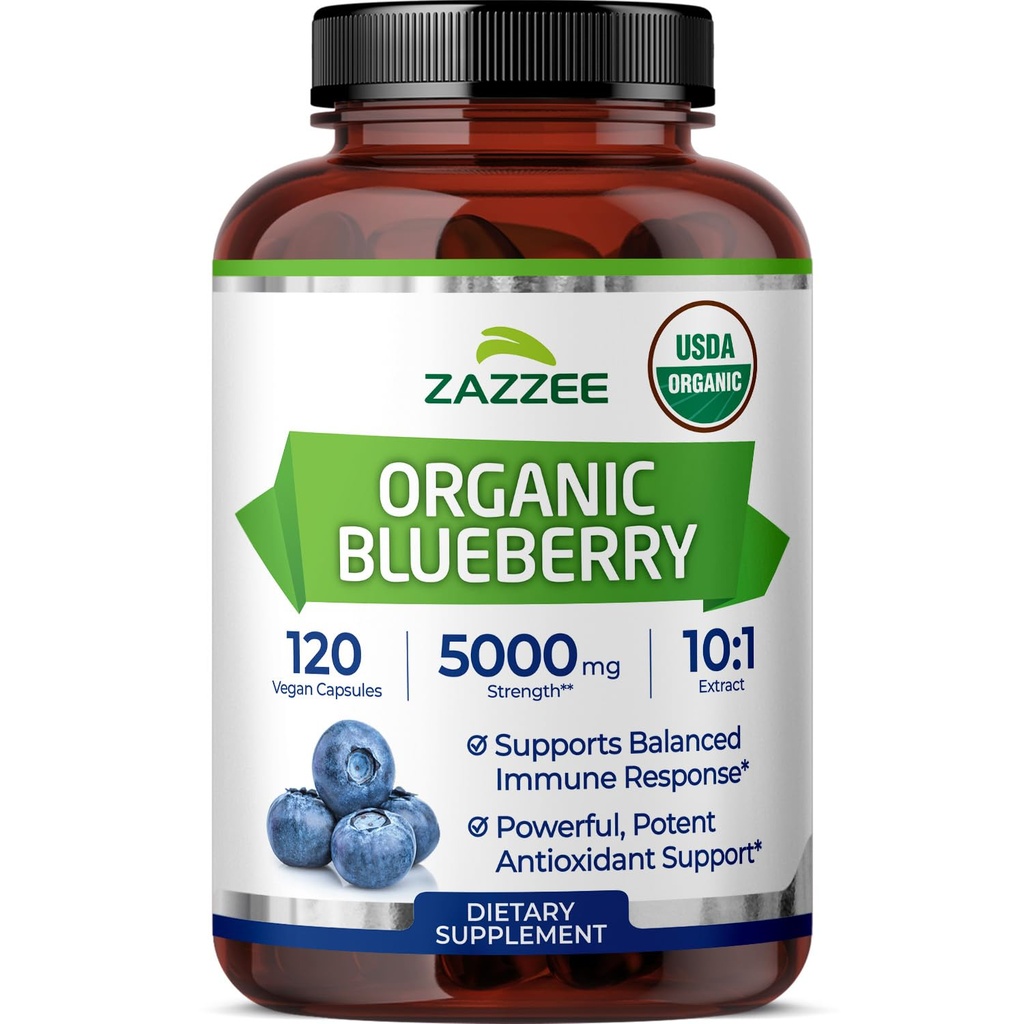 Zazzee USDA Organic Blueberry 10:1 Extract, 5000 mg Jakost, 120 Veganske kapsule, 4 Mesec zaloge, koncentrirano in standardizirano 10X celoten izvleček sadja, 100% vegetarijansko, ne-GMO, Izdelano v ZDA
