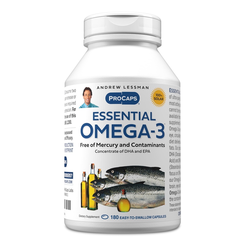 ANDREW LESSMAN Essential Omega-3 Unflavored - 180 Softgels - Ultra-Pure, High Potency Omega-3 Oils. Visoka DHA, brez želodčne vstaje, brez onesnaževalcev, brez živega srebra. Majhen, enostaven za požiranje softgels