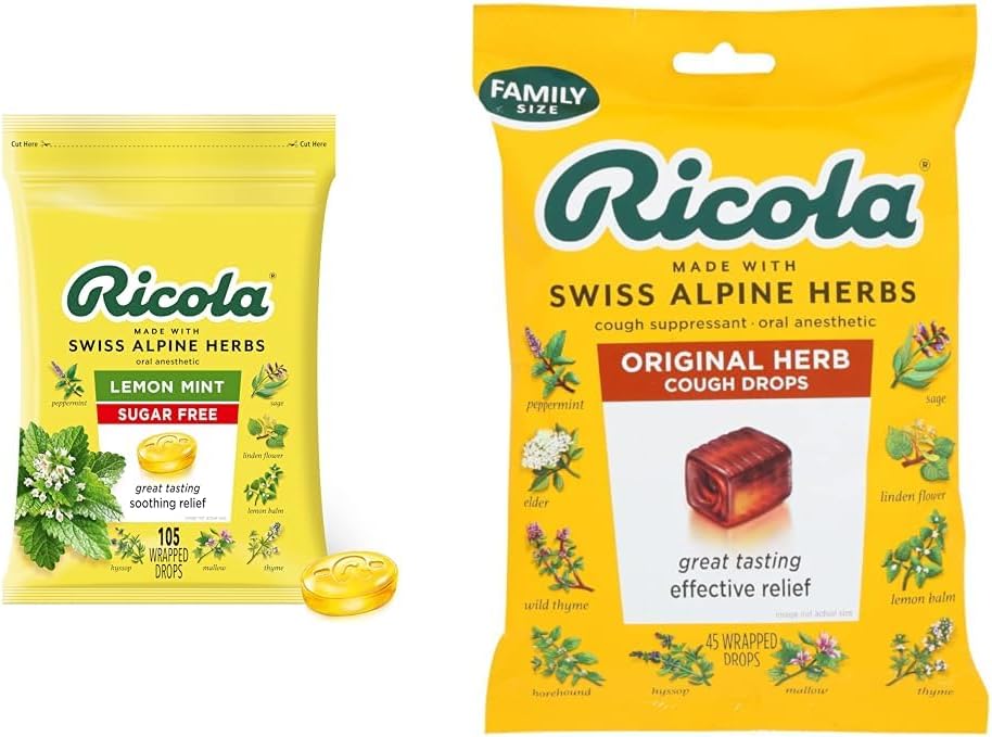 Ricola sladkor brez limone metin zeliščni kašelj Supresiven grlo kapljice, 105ct vrečka & Original Natural Herb Cough Supressan grlo kapljice, 45 Kapljice, bori kašelj seveda